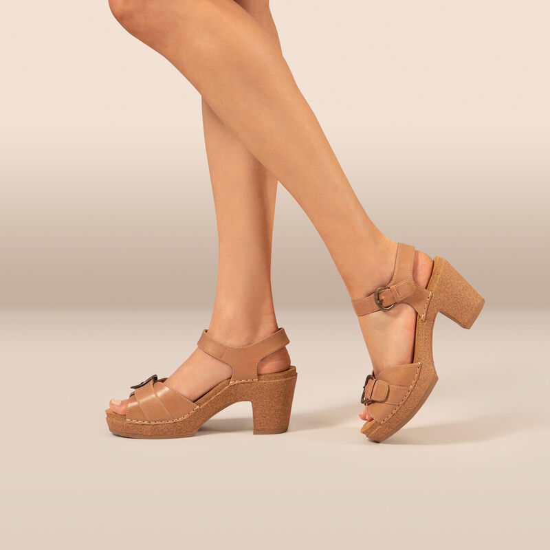 camel open toe heels on foot
